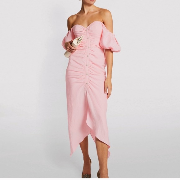 RONNY KOBO STEVIE PINK RUCHED MIDI DRESS SMALL - Picture 2 of 3